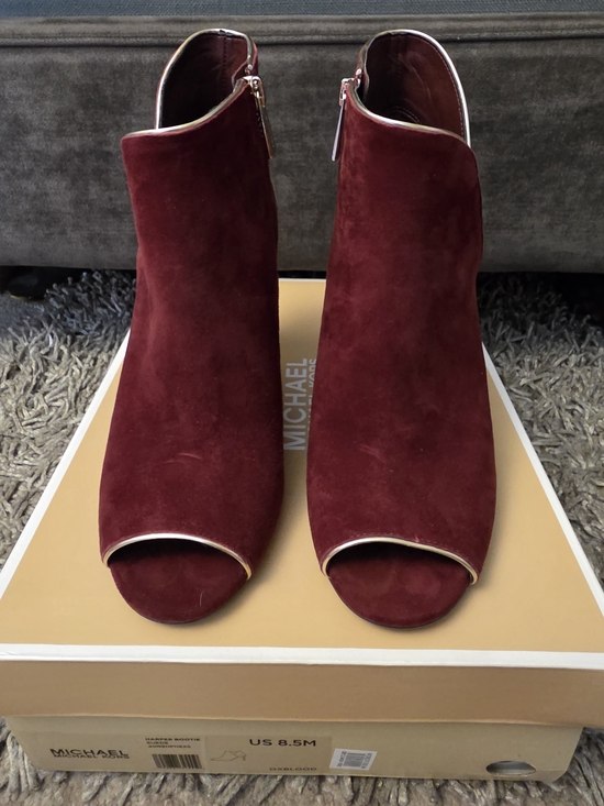 Michael Kors Shoes - Michael Kors Burgundy Suede Peep-Toe Ankle Booties with Metallic Trim